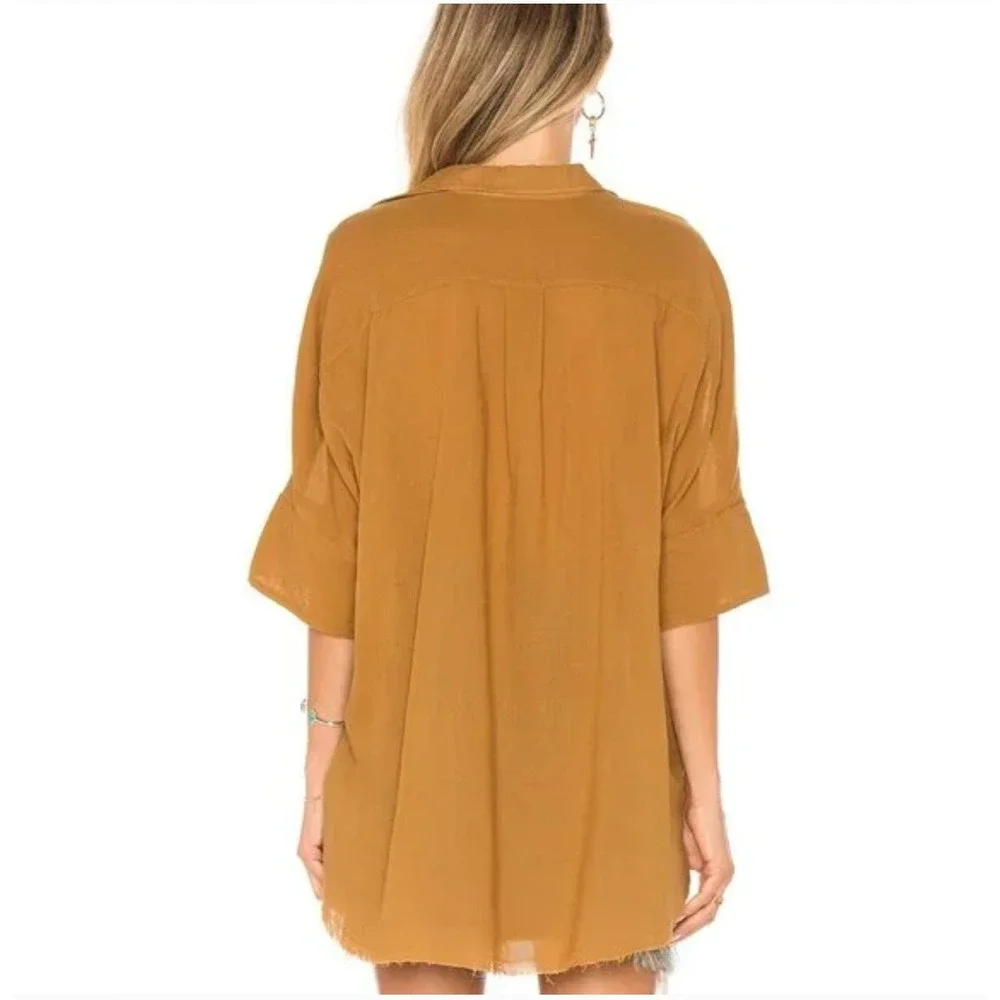 Free People NWT Best of Me Button Down Raw Hem High Low Oversize Bronze Shirt XS